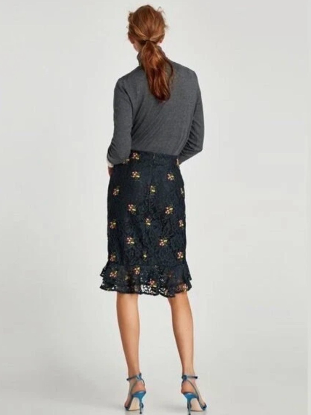 NWT Zara Basic Skirt Knee Length Embroidered Lace Ruffle Trim Black Romantic XS - Picture 3 of 12